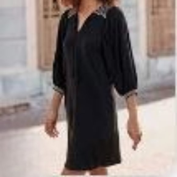 Garnet Hill Lyric Knit Dress Size Small Black White Embroidered Peasant Boho - Picture 2 of 13